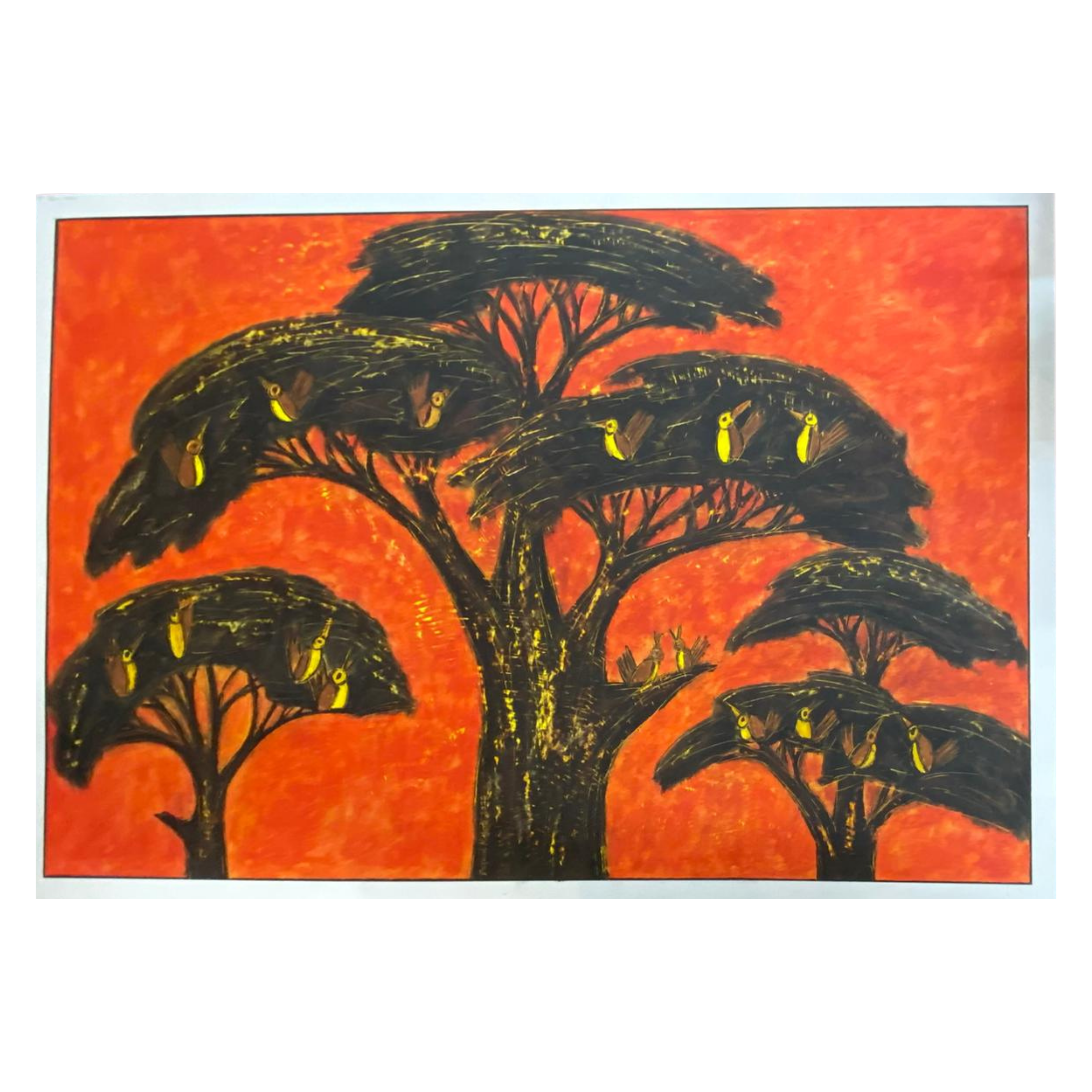 Mabote Art Woodprint Painting - Three Tree and Birds