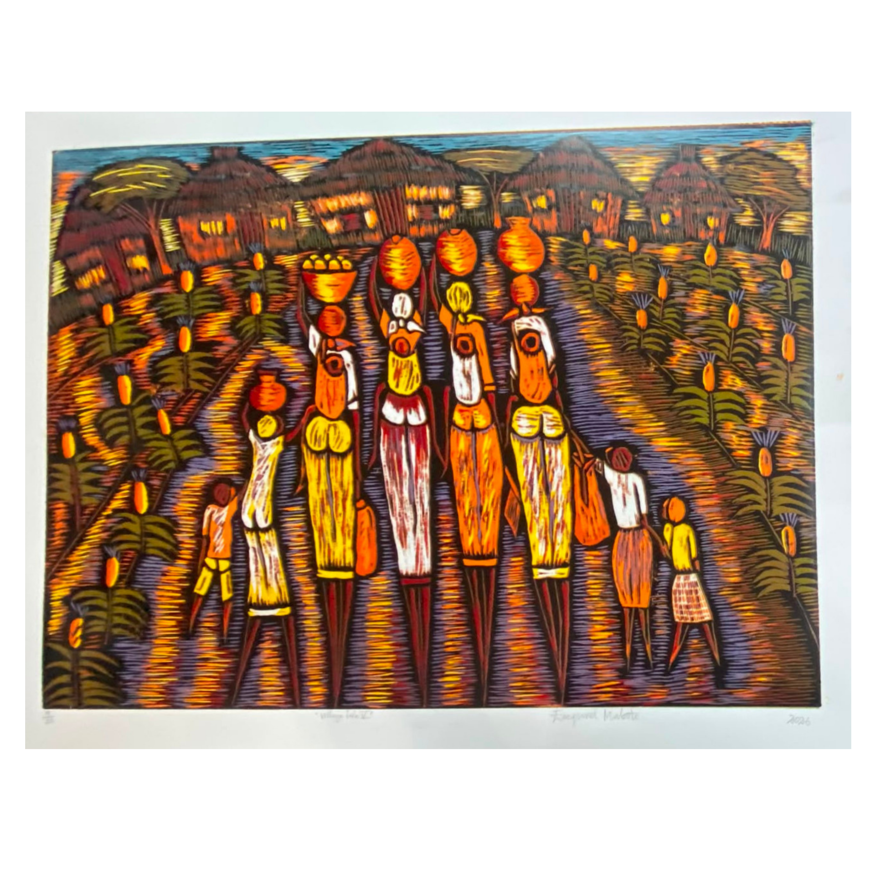 Mabote Art Woodprint Painting - Village Life